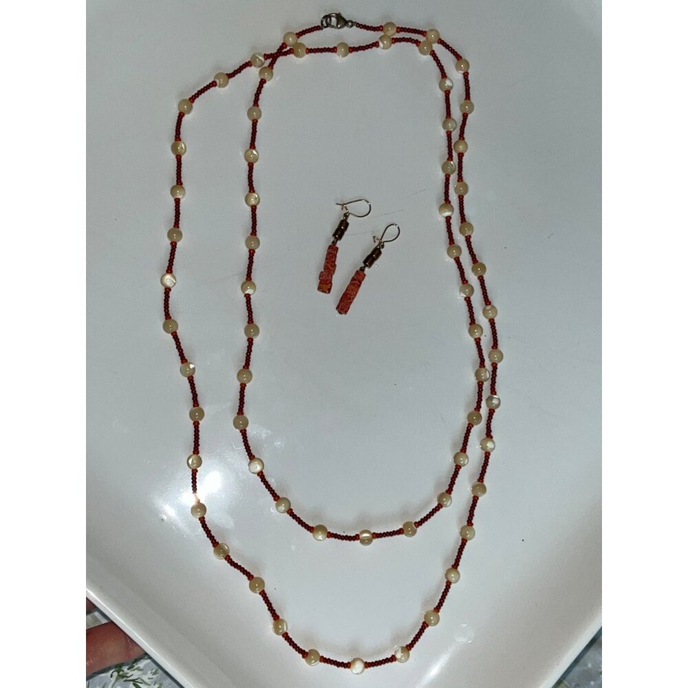 Boho Bead Necklace Long Red Pearlescent Earrings Bundle Fall Accessories Jewelry - Picture 7 of 11
